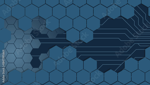 Modern blue technology abstract background with hexagon shapes and digital circuit lines ideal for futuristic branding cybersecurity presentations websites banners and tech layouts