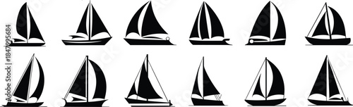 Black sailboat icons collection, vector yacht silhouette set, sailing boat illustration design, isolated nautical elements, maritime symbol pack

 flat vector illustration