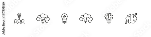 Brainstorm vector outline icon set. Ideas, creativity, and thinking process collection