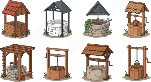 Vector illustration set of traditional wooden and stone water wells with roofs, pulleys, and buckets for rural village, farm, and medieval garden landscape design projects.