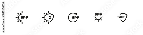 SPF protection vector outline icon set. Sun care, UV safety, and skin defense collection