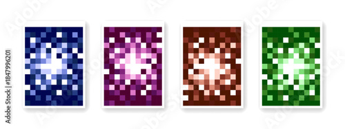Pixelated style vector poster collection. Retro digital graphic art and blocky design set