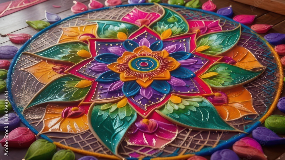 Fototapeta premium Vibrant, detailed mandala with intricate floral and leaf designs on a wooden surface