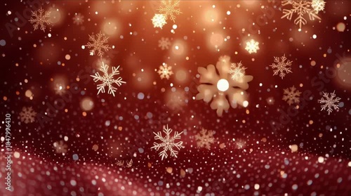 Cinematic 4K red velvet Christmas background ethereal falling snow. snowflake morphs golden glowing orb upon landing, briefly warm family silhouettes holiday memories living photographs. Soft bokeh 4k