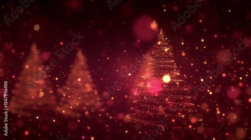 Deep ruby red Christmas background intelligent snowfall glowing constellation patterns Christmas trees, stars angels, bells hold shape exploding golden bokeh particles constellation pulses inner light