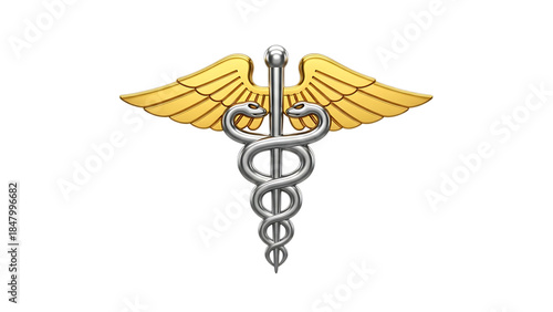 Golden caduceus symbol, with metallic texture and outspread wings, cutout, PNG isolated on white or transparent background