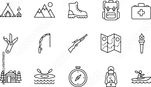 Camping modern icon set, camping icon pack for travel apps, camping and mountain icon, contain linear sign forest, tour, travel, travel line icon set