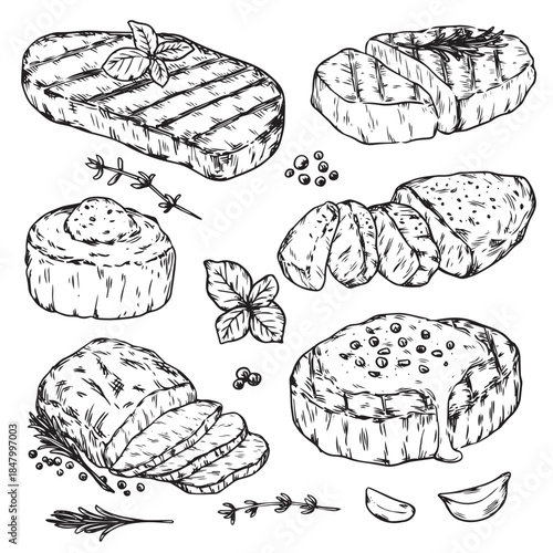 Collection of various kind of hand drawn meat steak outline drawing illustration