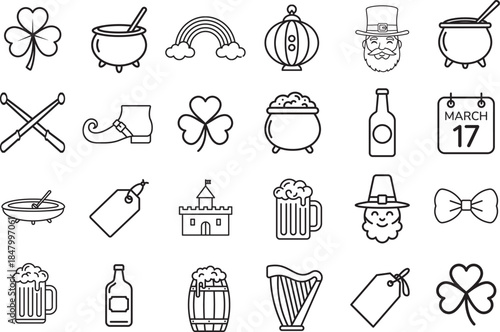 St. Patrick's day  icon set, beer mug, festival. shamrock, hat, line art vector file 