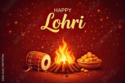 Traditional Lohri Festival Setup With Bonfire Sweets Grains And Diyas Decorative Harvest Celebration Scene On Festive Background