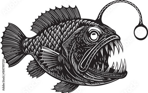 Detailed angler fish engraving vector illustration, vintage deep sea monster silhouette isolated on white background