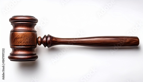 dark brown wooden gavel lying horizontally isolated on white background features intricate wood grain