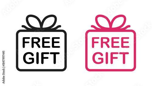 Two "Free Gift" icons in black and pink colors, featuring a gift box with a bow, perfect for promotional offers, marketing, and gifting campaigns