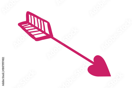 Minimal pink arrow with heart tip in flat design, symbol of love and Valentine's Day on white background