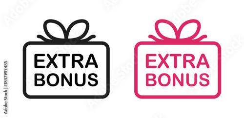 Two "Extra Bonus" icons in black and pink colors, depicting a gift box with a bow, ideal for promotions, bonuses, and marketing campaigns