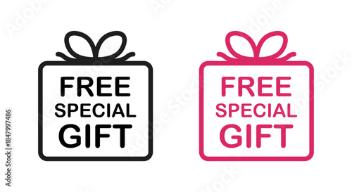 Two "Free Special Gift" icons in black and pink colors, depicting a gift box with a bow, ideal for promotion, sales, and marketing campaigns
