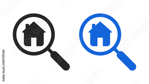 Home search icon with a magnifying glass focusing on a house, representing property search, real estate, and home finding