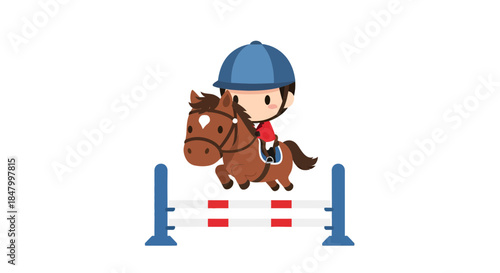 A delightful cartoon illustration of a young equestrian jumping a hurdle with their pony