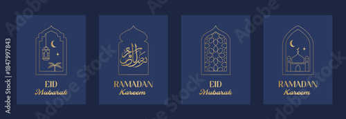 Eid Mubarak Ramadan Kareem - Holy month greeting cards template on dark blue. Golden line icons.