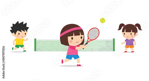 A lighthearted illustration of children playing tennis, promoting an active lifestyle and social