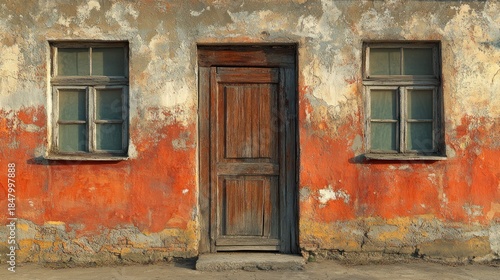 Weathered facade with door and windows