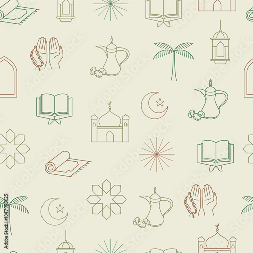 Muslim arabic seamless pattern. Hand drawn line art doodles with muslim elements. Pastel colored.