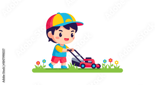 Adorable cartoon boy cutting grass with lawnmower on a sunny day illustration