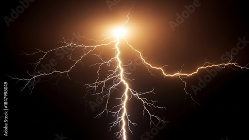 Intense Yellow Lightning Strike Against Black Background Keywords: lightning, bolt, electricity