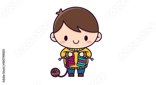 Adorable cartoon boy engaging in knitting project with yarn ball and needles