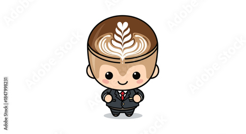 Adorable coffee character in a suit, showcasing creative latte art in a cup head
