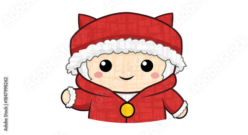 Adorable festive character illustration wearing a red hooded coat on a white background