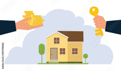 Buying house. Agent of real estate holding in hand house, key. Buyer, customer gives cash money.