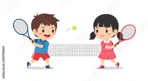 Animated children joyfully playing tennis in a friendly match on a bright court