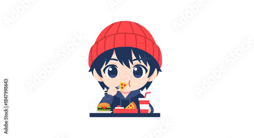 Animated character enjoying a fast food meal, cartoon illustration with red beanie, burger, pizza