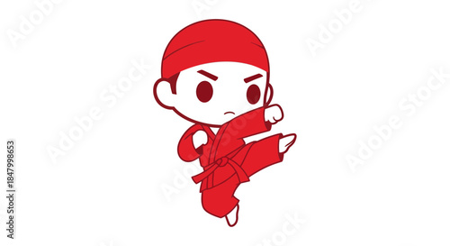 Animated martial artist in red uniform showcasing a dynamic kicking stance with serious expression