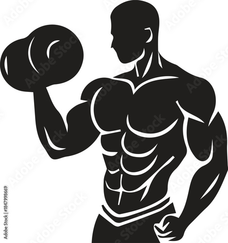 Muscular bodybuilder silhouette lifting dumbbell vector icon