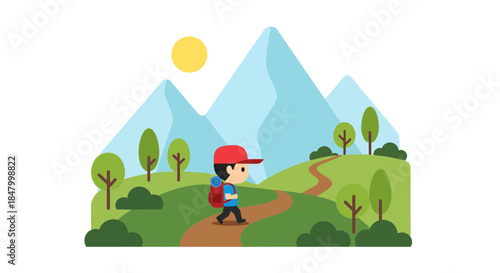 Cartoon adventurer trekking across hills with a mountain backdrop under bright sunlight