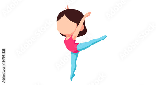 Cartoon ballerina gracefully poised in an arabesque stance on a white backdrop