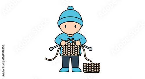 Cartoon character knitting a cozy winter garment with needles and yarn balls