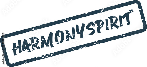 Distressed blue rectangular rubber stamp impression highlighting the profound words HARMONYSPIRIT