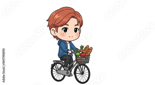 Cartoon character riding a bicycle with a basket full of groceries digital illustration