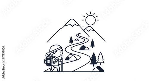 Cartoon hiker explores mountainous trail in a minimalist line drawing landscape adventure