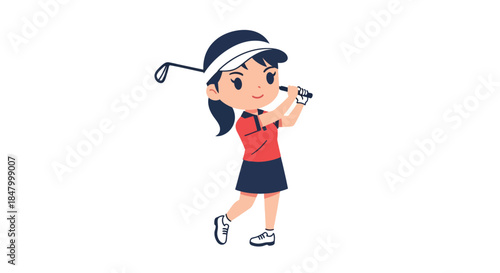 Cartoon golfer girl swinging club with confident sporty attitude illustration