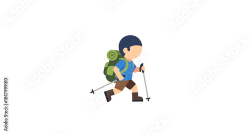 Cartoon hiker exploring trails with a backpack and trekking poles illustration