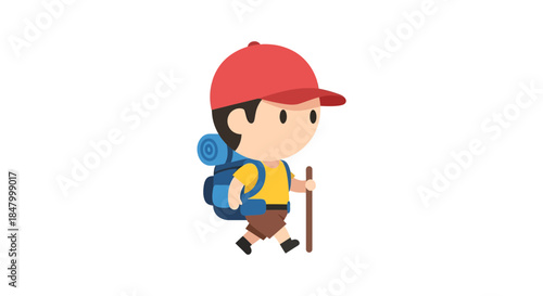 Cartoon hiker with backpack and trekking pole adventure bound on a journey