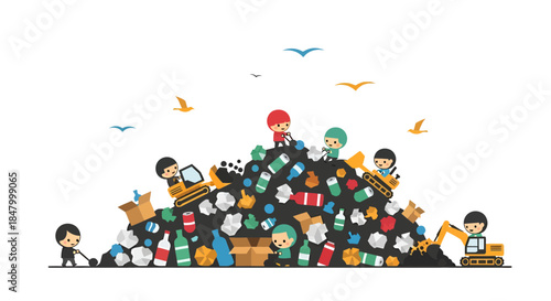 Cartoon illustration depicting a waste management team sorting through recyclable materials with