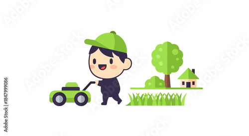 Cartoon illustration of a cute boy mowing the lawn with a miniature house