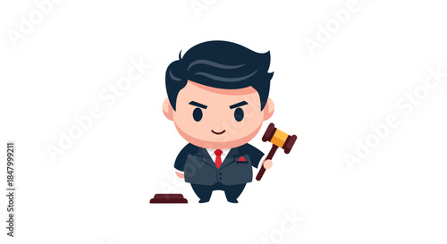 Cartoon judge character with a serious expression holding a gavel and wearing suit