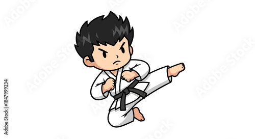 Cartoon karate kid in white uniform performing a high kick animated and determined