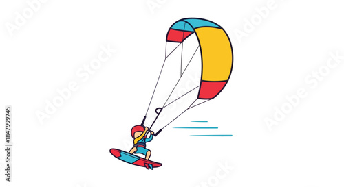 Cartoon kitesurfer navigates ocean currents with colorful sail in dynamic vector illustration